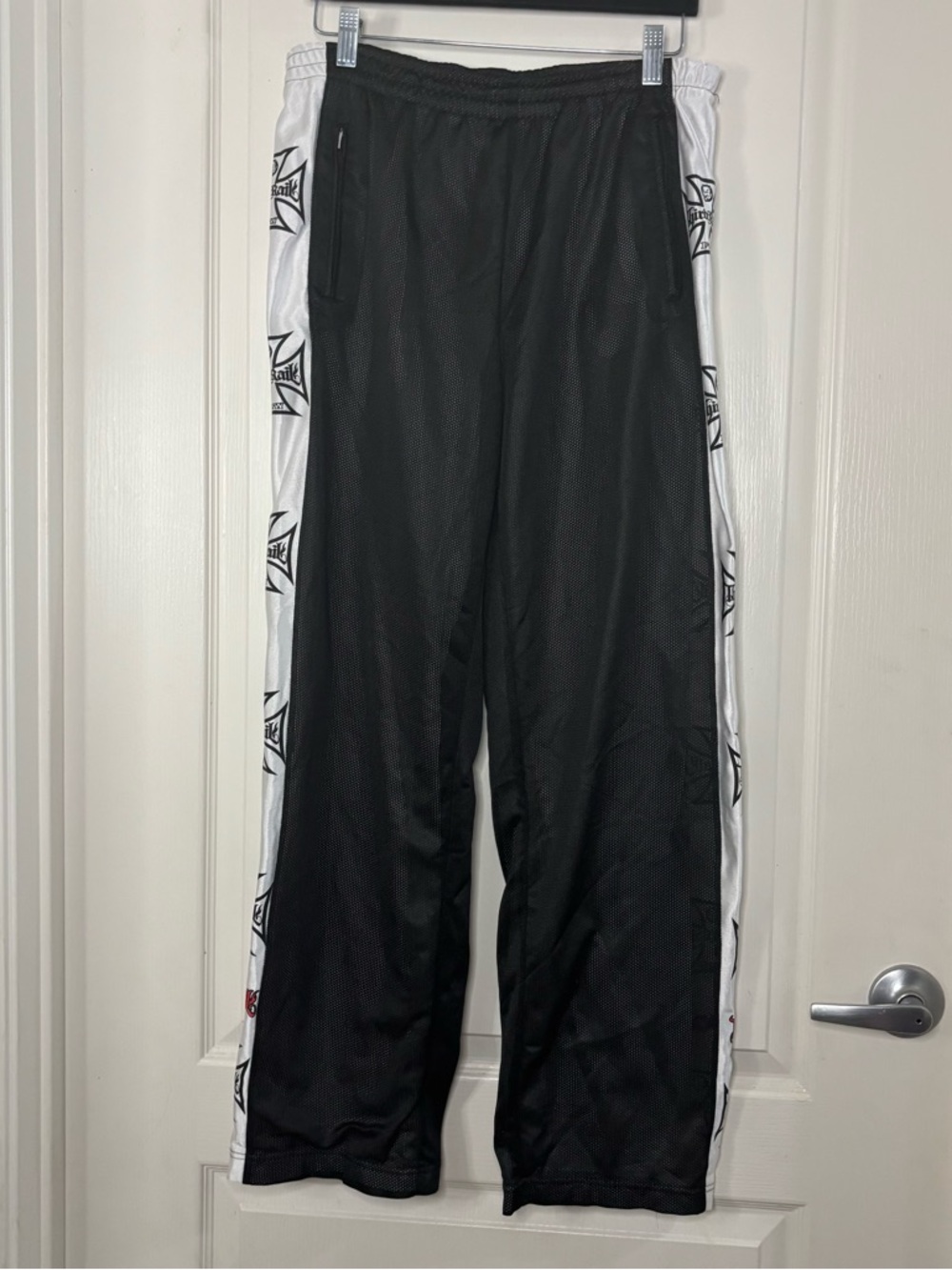 Black Mesh Track Pants with White Logo Side Panels